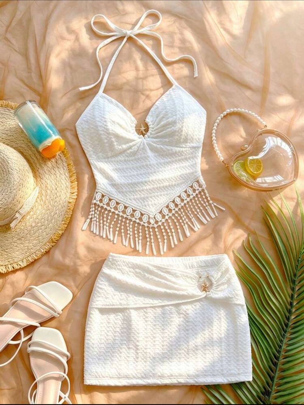 White Fringe Halter Crop Top & Mini Skirt Set